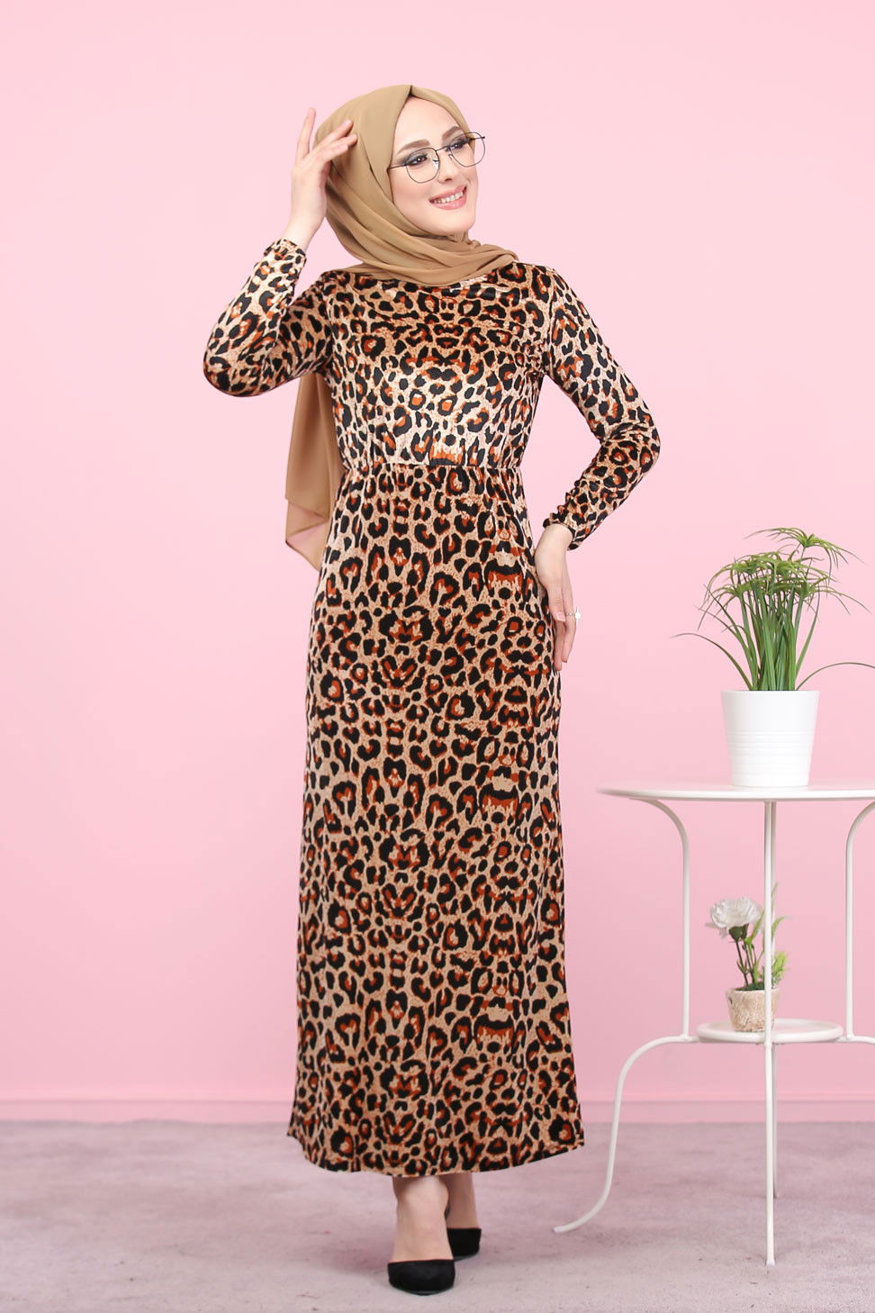 Leopar Desen Kadife Elbise Leopar  Kahverengi - 8147