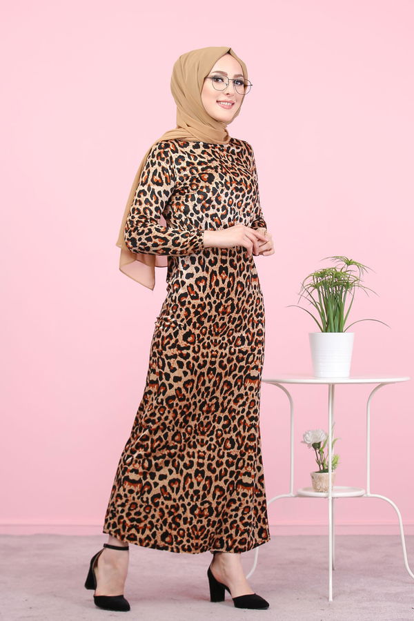 Leopar Desen Kadife Elbise Leopar  Kahverengi - 8147