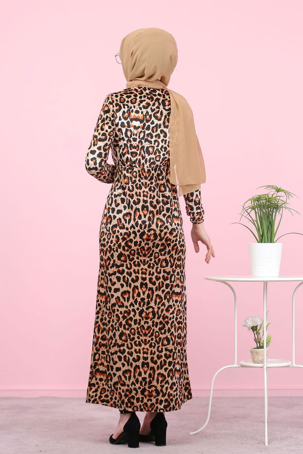 Leopar Desen Kadife Elbise Leopar  Kahverengi - 8147