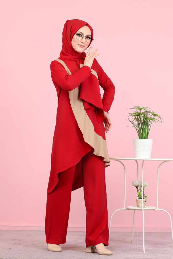 3043 TUNİK PANTOLON ŞAL Kırmızı - 3043