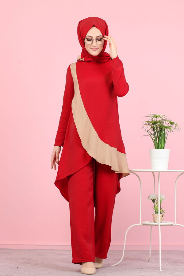 3043 TUNİK PANTOLON ŞAL Kırmızı - 3043