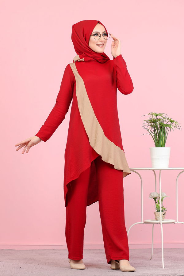 3043 TUNİK PANTOLON ŞAL Kırmızı - 3043