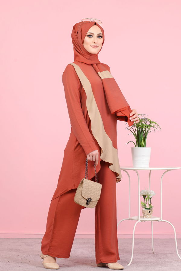3043 TUNİK PANTOLON ŞAL Taba - 3043