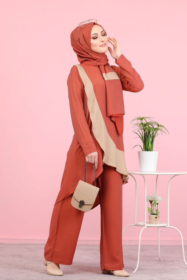 3043 TUNİK PANTOLON ŞAL Taba - 3043