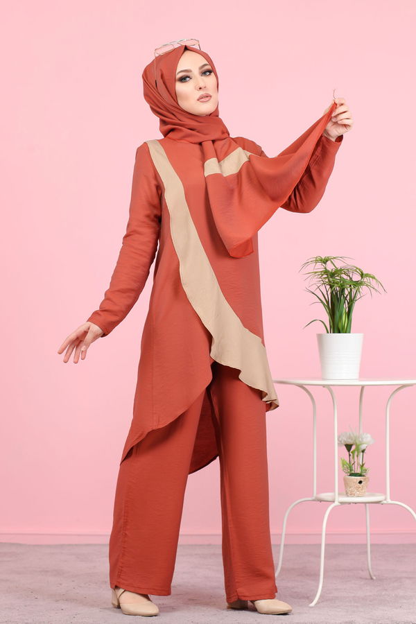 3043 TUNİK PANTOLON ŞAL Taba - 3043