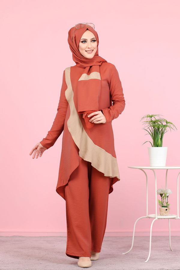 3043 TUNİK PANTOLON ŞAL Taba - 3043