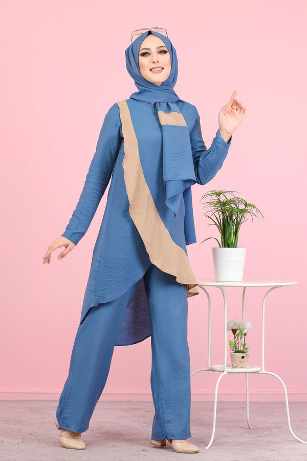 3043 TUNİK PANTOLON ŞAL Mavi - 3043 MAVİ