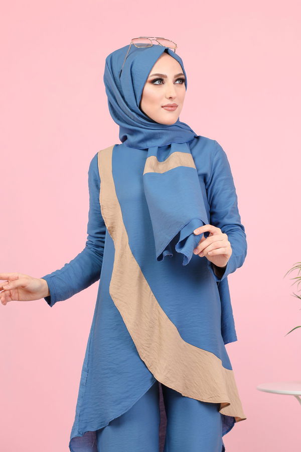 3043 TUNİK PANTOLON ŞAL Mavi - 3043 MAVİ