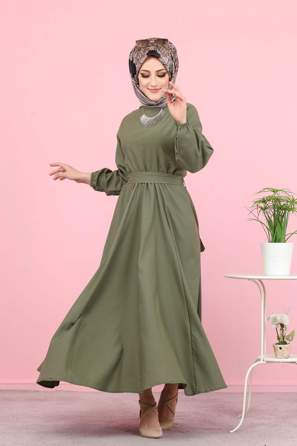 3052 KUŞAKLI ELBİSE Haki - 3052 HAKİ