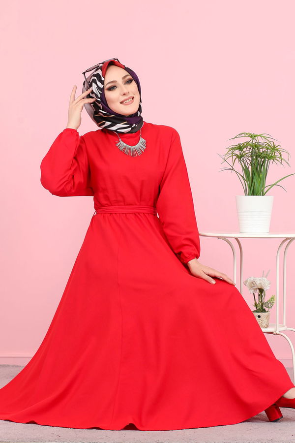 3052 KUŞAKLI ELBİSE Kırmızı - 3052 Kırmızı