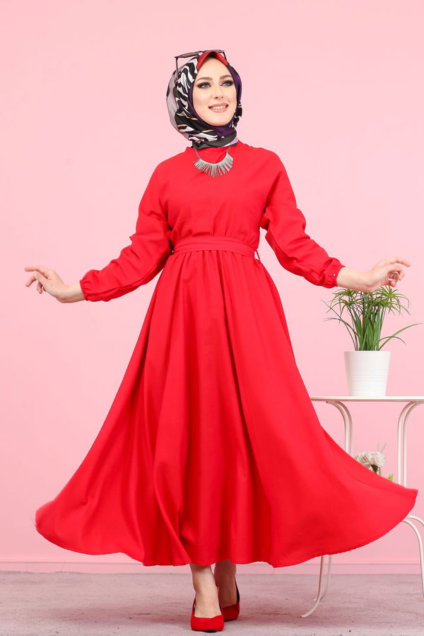 3052 KUŞAKLI ELBİSE Kırmızı - 3052 Kırmızı