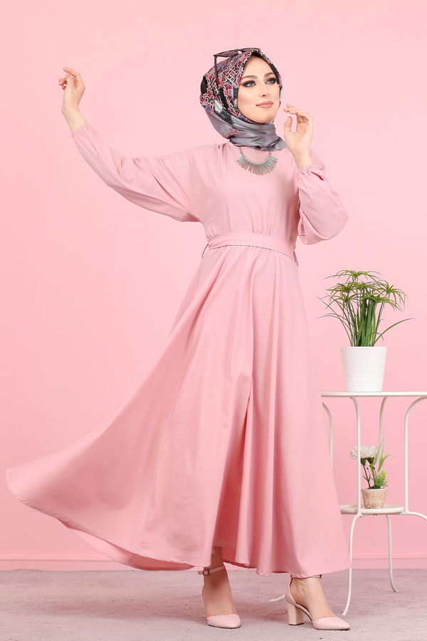 3052 KUŞAKLI ELBİSE Pembe - 3052