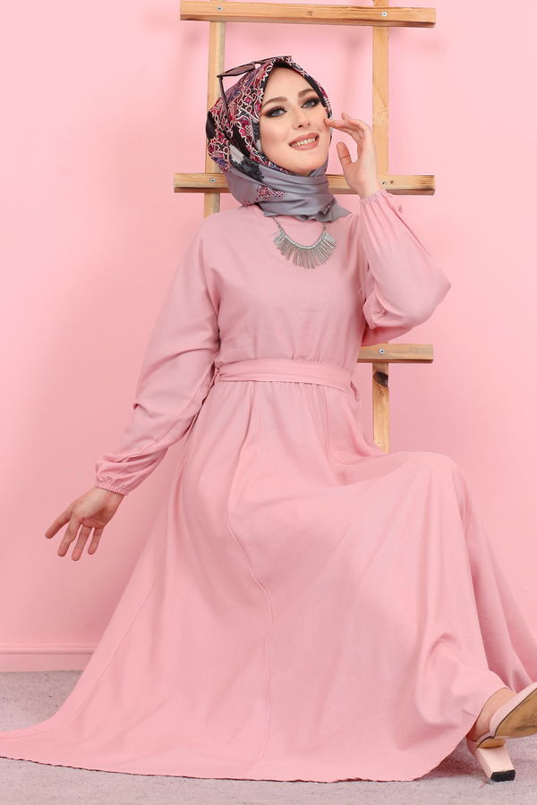 3052 KUŞAKLI ELBİSE Pembe - 3052