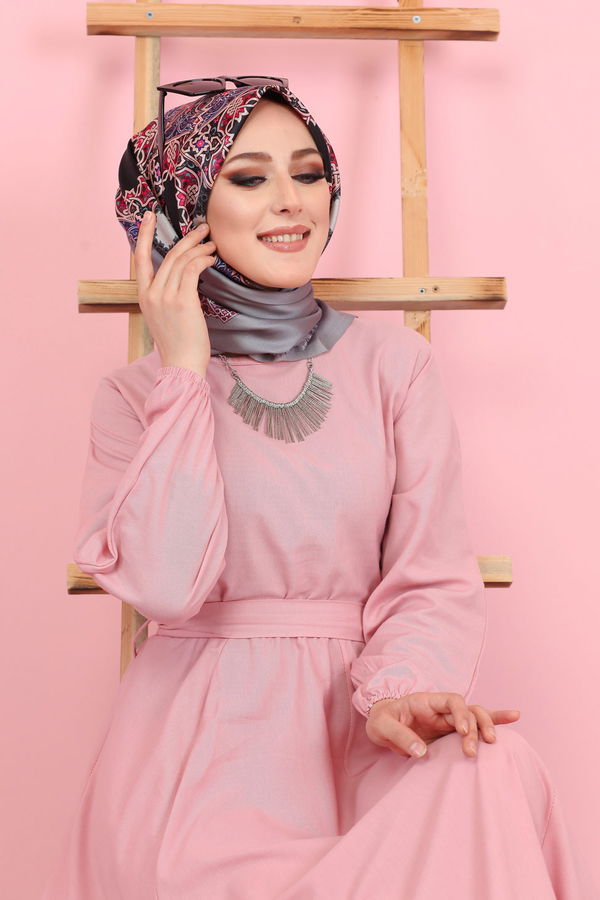 3052 KUŞAKLI ELBİSE Pembe - 3052