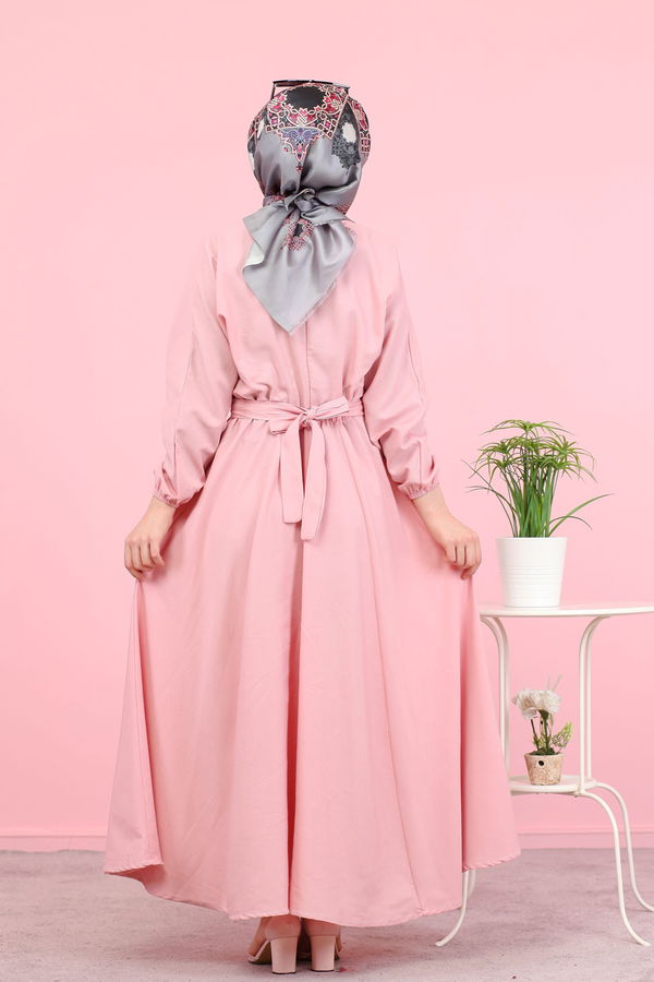 3052 KUŞAKLI ELBİSE Pembe - 3052