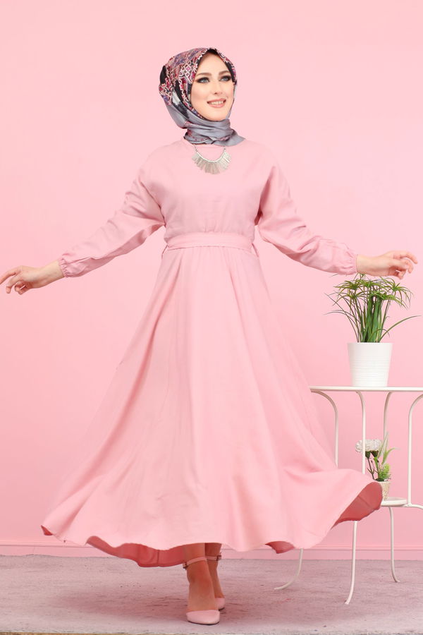 3052 KUŞAKLI ELBİSE Pembe - 3052