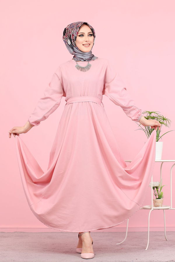 3052 KUŞAKLI ELBİSE Pembe - 3052