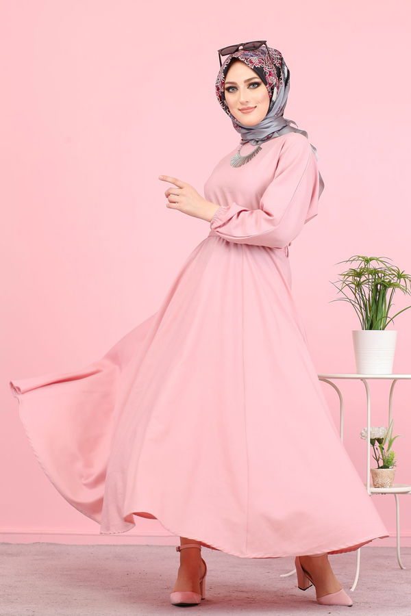 3052 KUŞAKLI ELBİSE Pembe - 3052