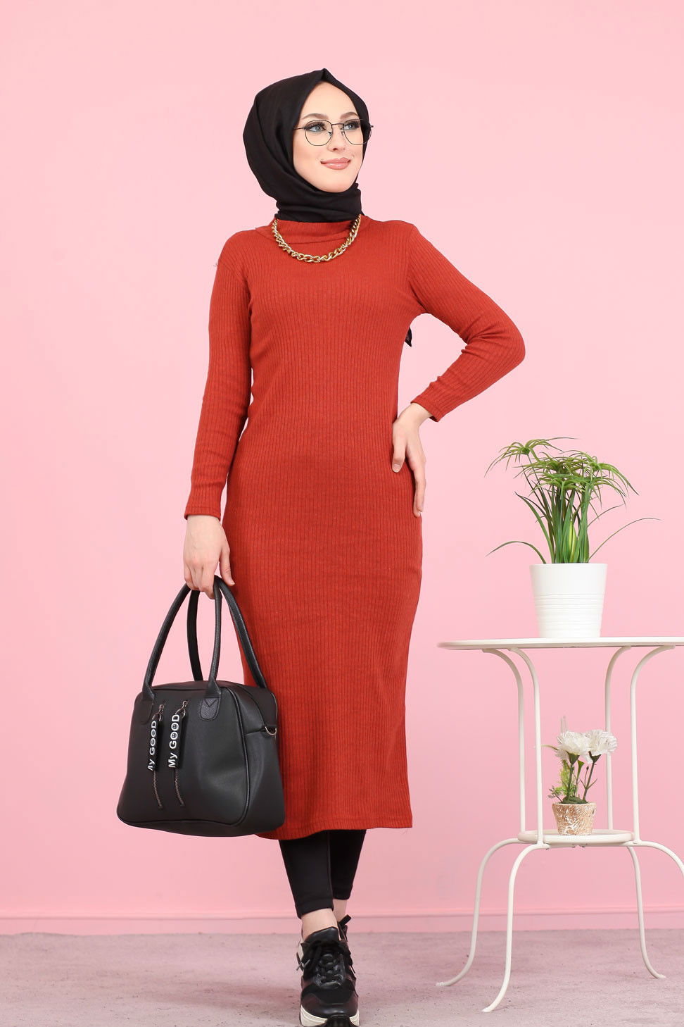 Bogazlı Triko Elbise Siyah  Kiremit - 8262 KİREMİT
