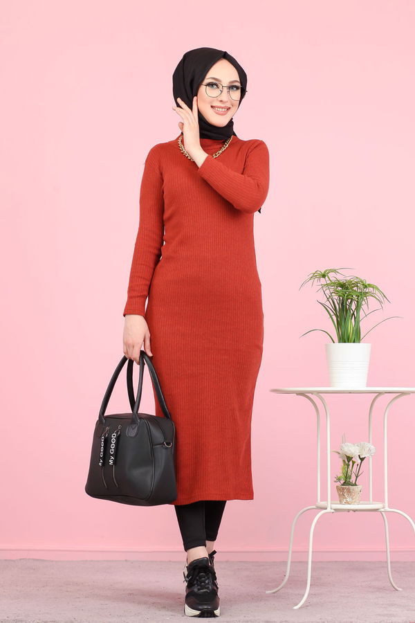 Bogazlı Triko Elbise Siyah  Kiremit - 8262 KİREMİT