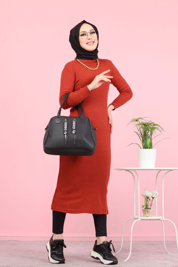 Bogazlı Triko Elbise Siyah  Kiremit - 8262 KİREMİT