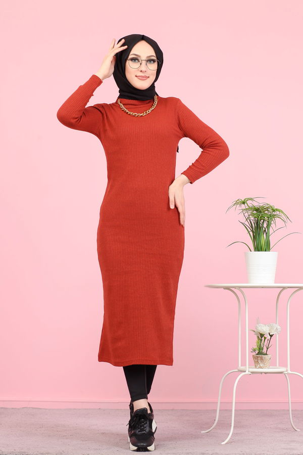 Bogazlı Triko Elbise Siyah  Kiremit - 8262 KİREMİT