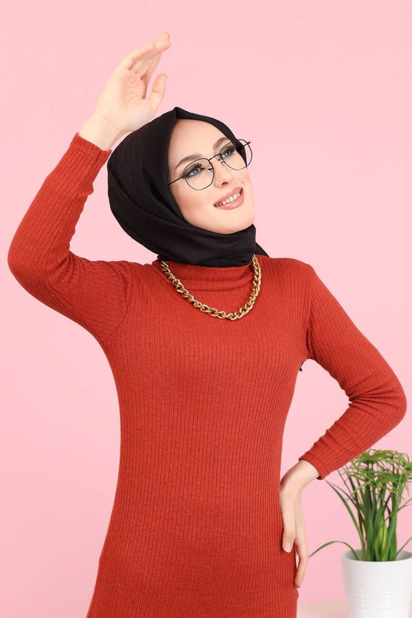 Bogazlı Triko Elbise Siyah  Kiremit - 8262 KİREMİT