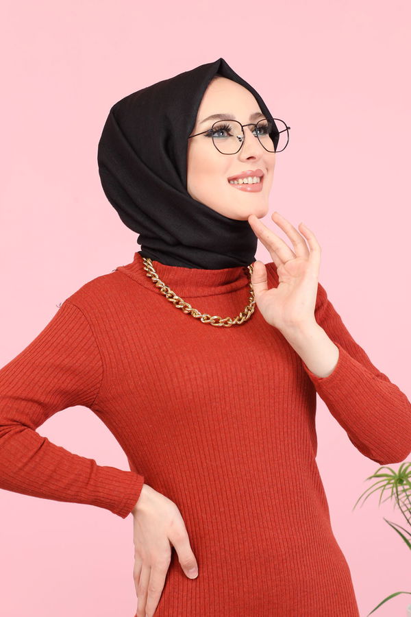 Bogazlı Triko Elbise Siyah  Kiremit - 8262 KİREMİT