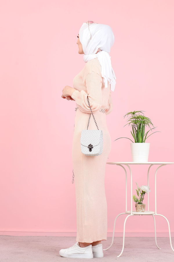 Balon Kol Triko Elbise  Pembe - 8278
