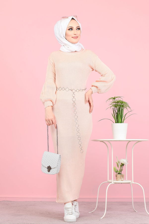 Balon Kol Triko Elbise  Pembe - 8278