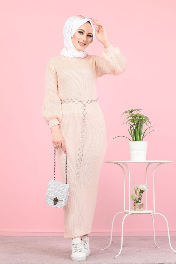 Balon Kol Triko Elbise  Pembe - 8278