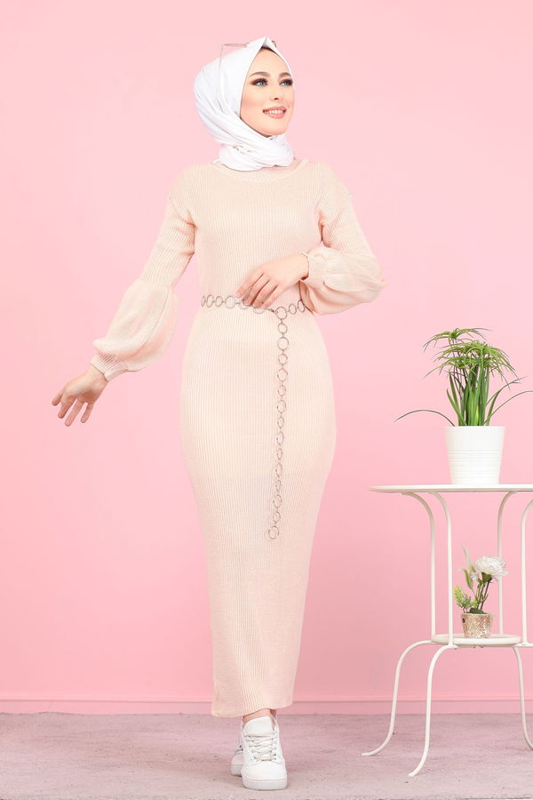 Balon Kol Triko Elbise  Pembe - 8278