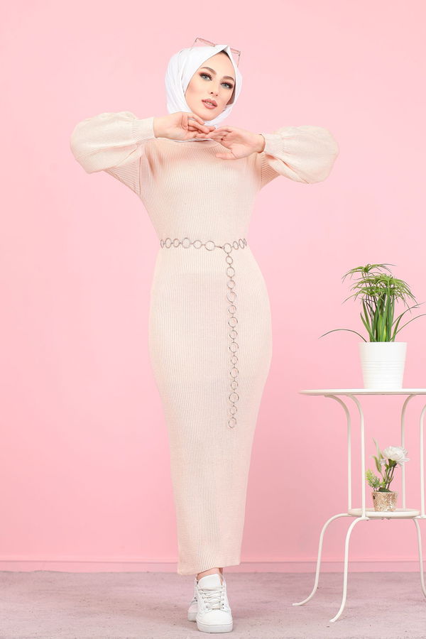 Balon Kol Triko Elbise  Pembe - 8278
