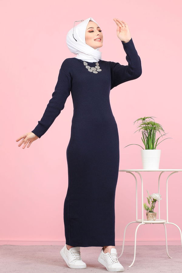 Bogazlı Triko Elbise Siyah  Lacivert - 8142