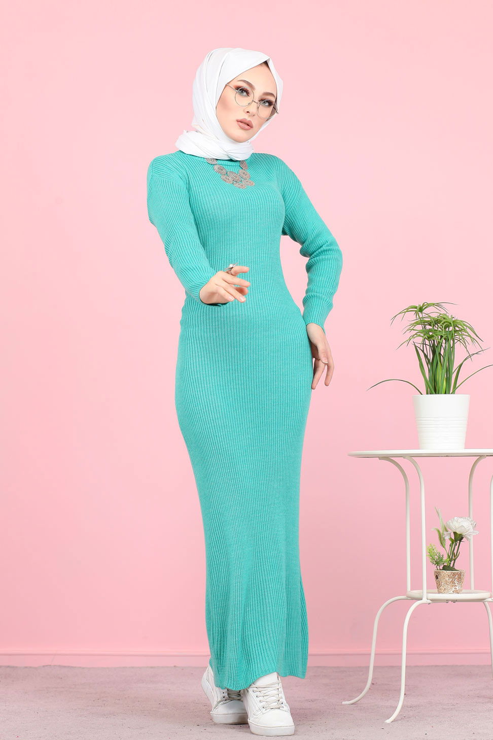 Bogazlı Triko Elbise Siyah  Yeşil - 8142 YEŞİL