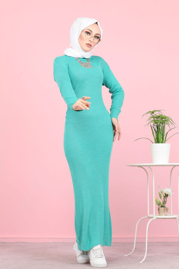 Bogazlı Triko Elbise Siyah  Yeşil - 8142 YEŞİL