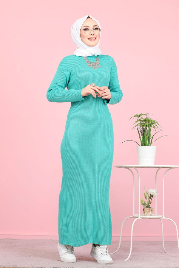 Bogazlı Triko Elbise Siyah  Yeşil - 8142 YEŞİL