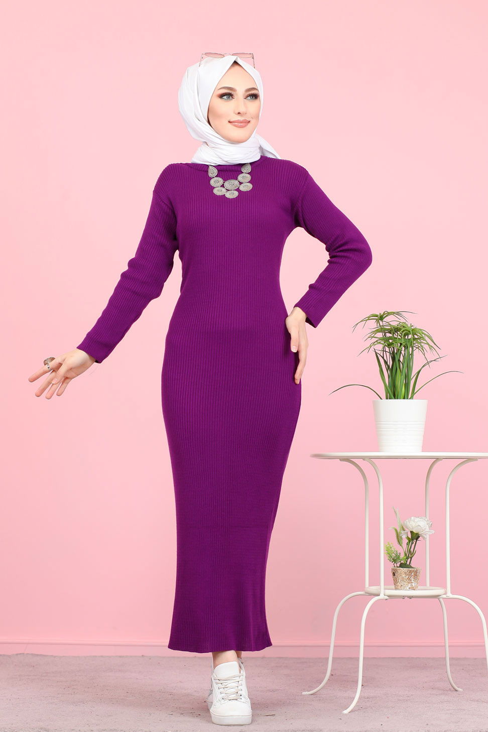 Bogazlı Triko Elbise Siyah  Mor - 8142