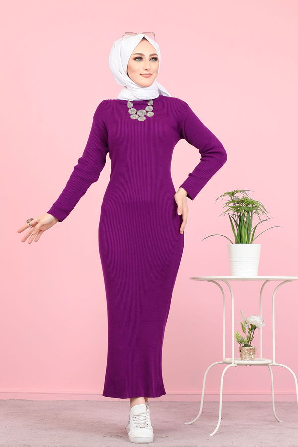 Bogazlı Triko Elbise Siyah  Mor - 8142