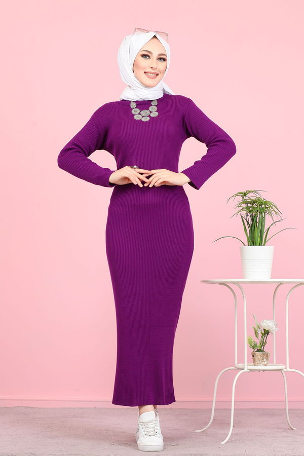 Bogazlı Triko Elbise Siyah  Mor - 8142