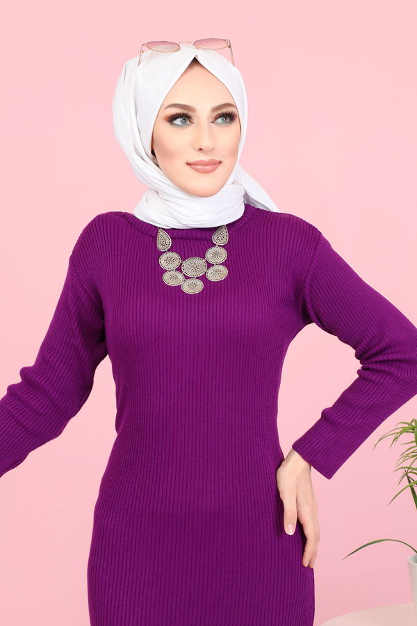 Bogazlı Triko Elbise Siyah  Mor - 8142