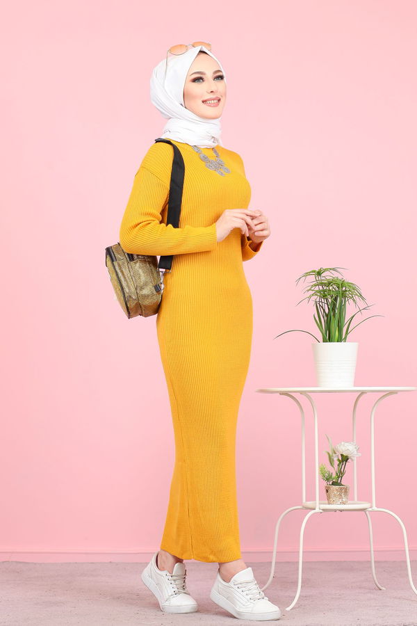 Bogazlı Triko Elbise Siyah  Sarı - 8142 Sarı
