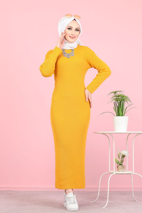 Bogazlı Triko Elbise Siyah  Sarı - 8142 Sarı
