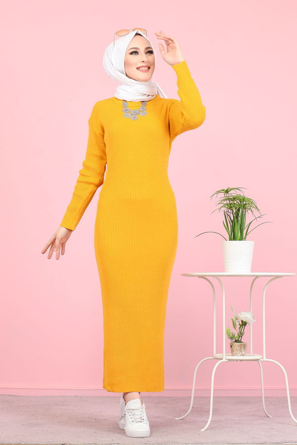 Bogazlı Triko Elbise Siyah  Sarı - 8142 Sarı