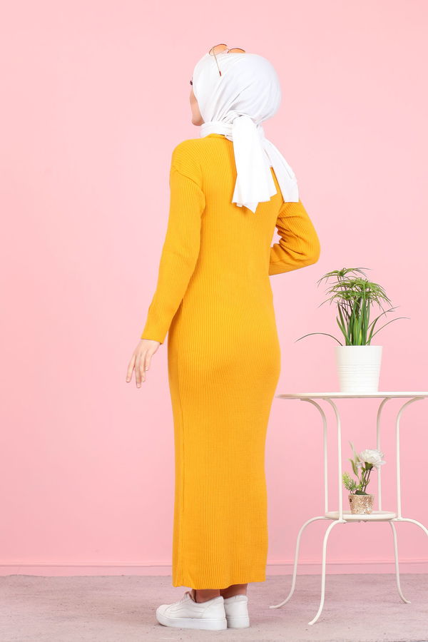 Bogazlı Triko Elbise Siyah  Sarı - 8142 Sarı