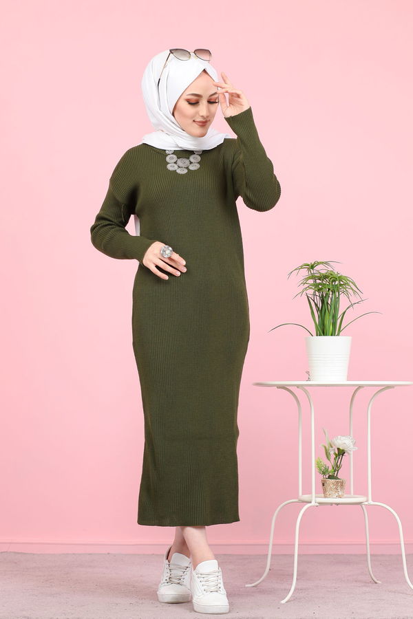 Bogazlı Triko Elbise Siyah  Haki - 8142