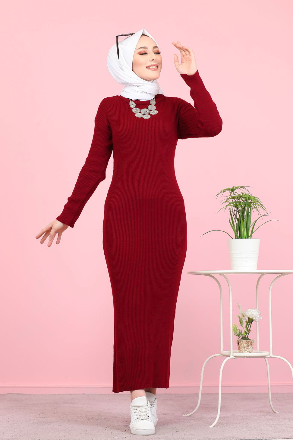 Bogazlı Triko Elbise Siyah  Bordo - 8142