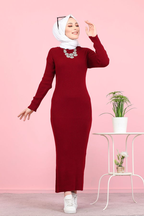 Bogazlı Triko Elbise Siyah  Bordo - 8142