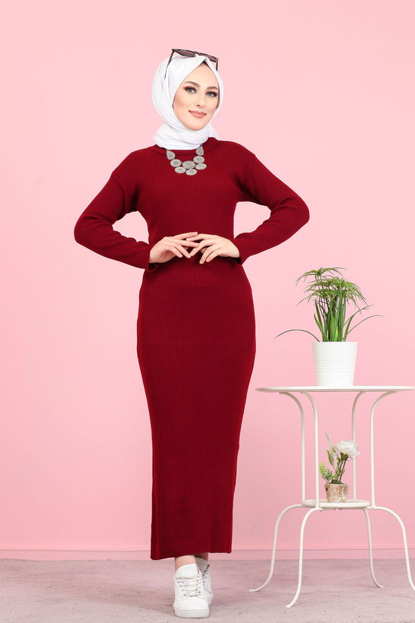 Bogazlı Triko Elbise Siyah  Bordo - 8142