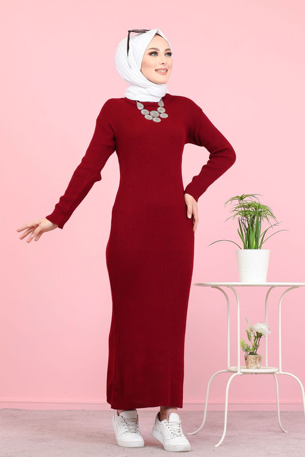 Bogazlı Triko Elbise Siyah  Bordo - 8142